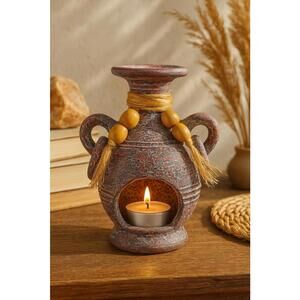 Vintage 1980s Rustic Clay Amphora Tealight Incense Dried Flower Holder, 3x6.5”